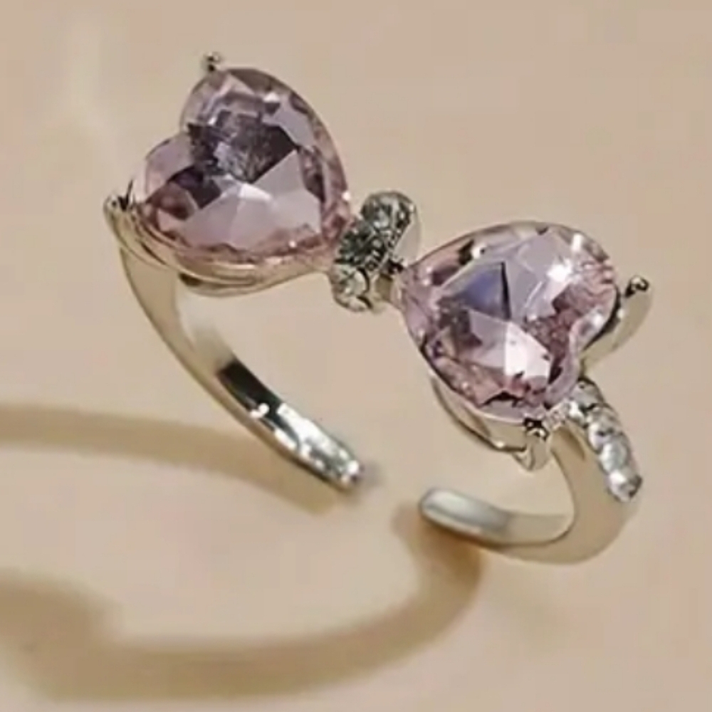 Silver Tone Heart Ring with Pink Gemstones Adjustable Size 7.5